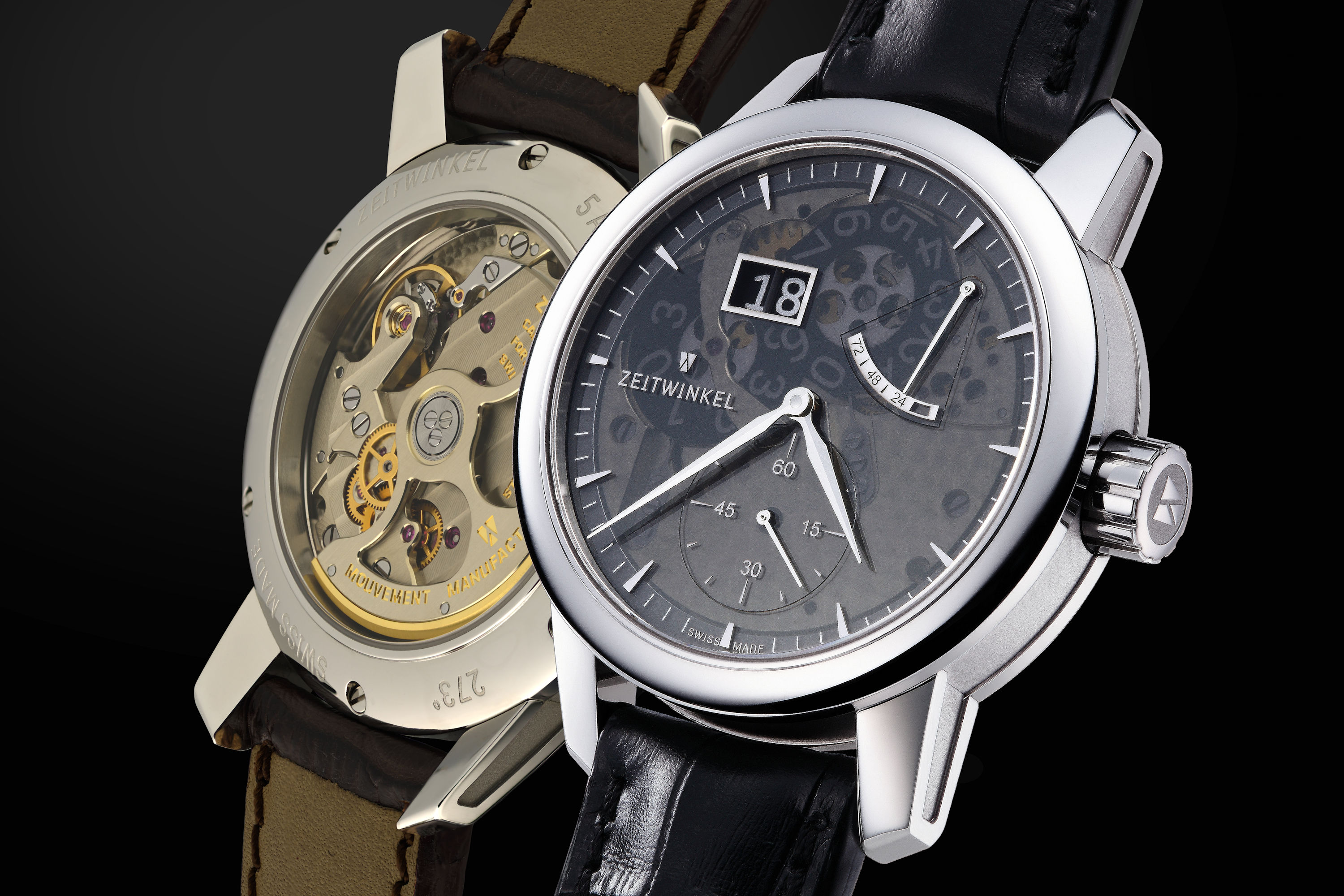 Die Manufaktur-Uhr Zeitwinkel 273° Saphir Fumé mit Grossdatum und